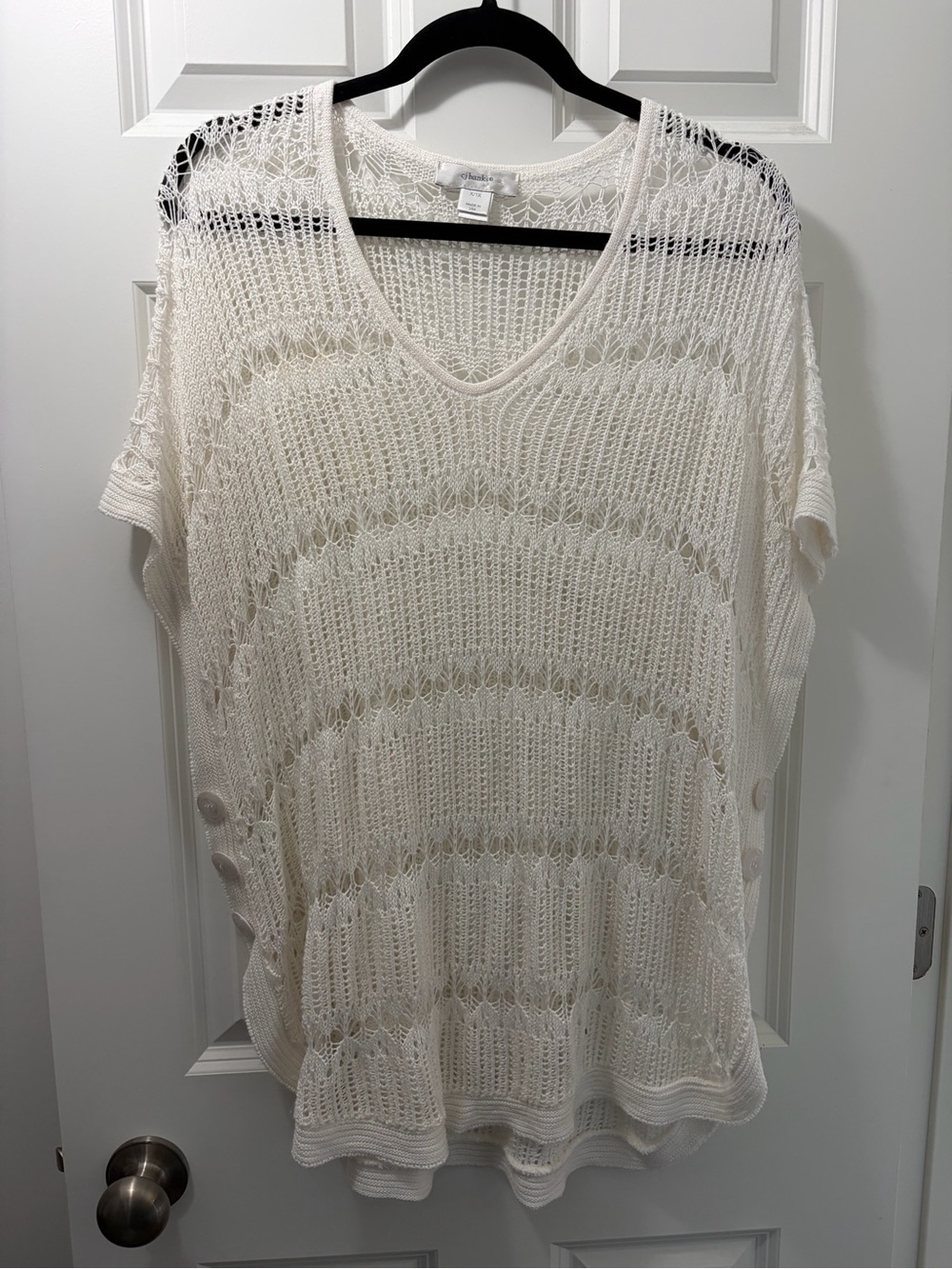 CJ Banks Ivory Open-Knit V-Neck Tunic w/ Working Button Side Detail